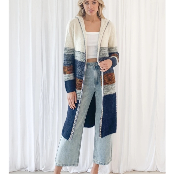 NWOT  longline Cardigan stripe knit  white brown size 6/8 . w" hoodie wool blend - Picture 6 of 9